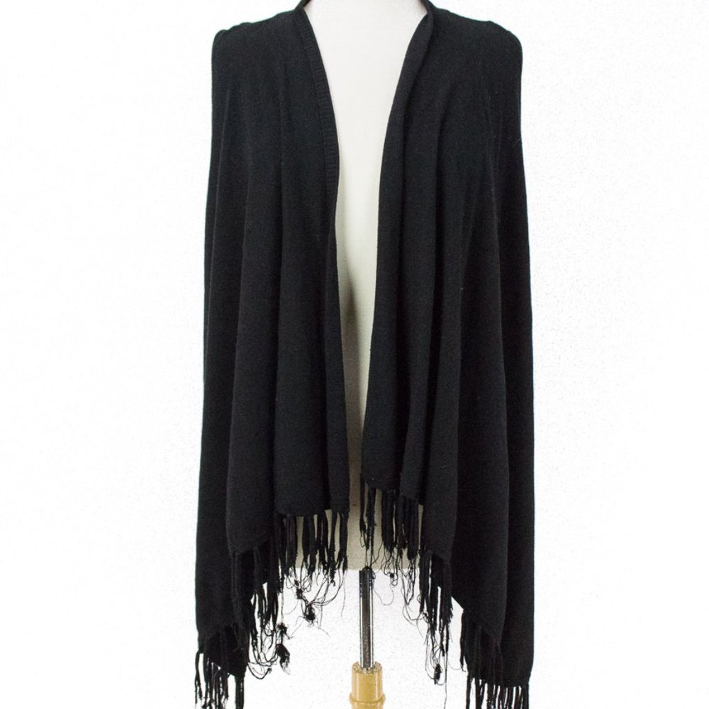 Black Open Shaw Wrap Fringe Sleeveless Small